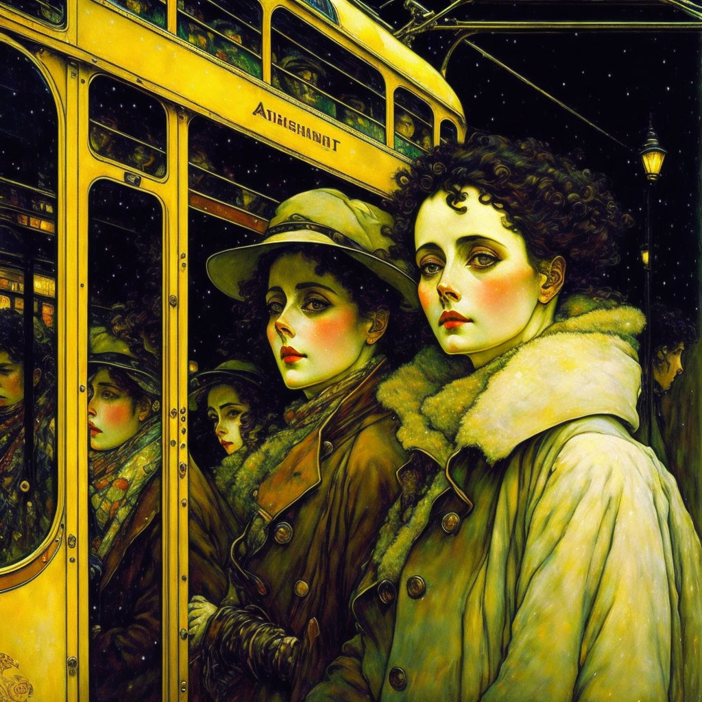 Illustration of women with vibrant makeup on a yellow tram