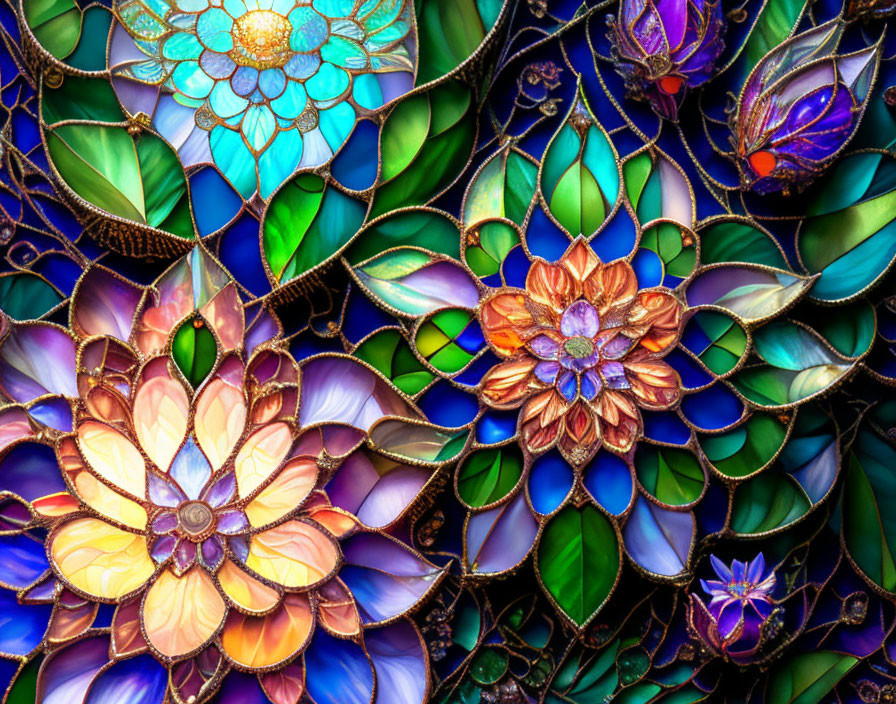 Colorful Stained Glass Artwork of Flowers and Leaves