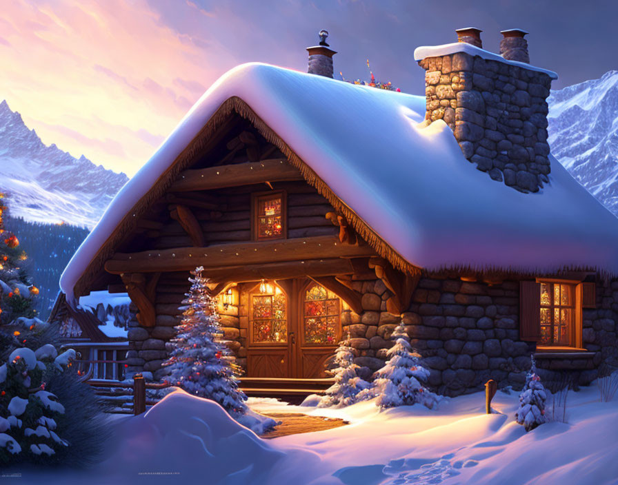 Snow-covered cottage with glowing windows and festive decorations in tranquil wintry setting