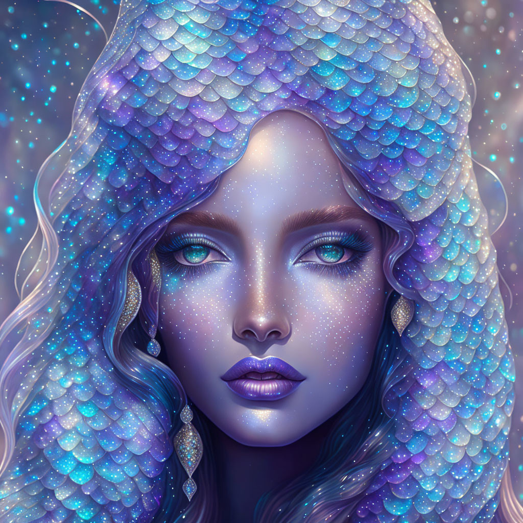 Fantasy portrait of woman with shimmering blue and purple scales and sparkling skin