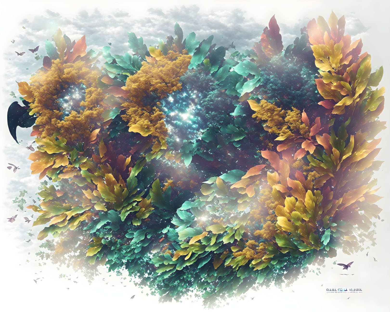 Colorful Circular Leaf Arrangement with Glowing Center and Bird Silhouette