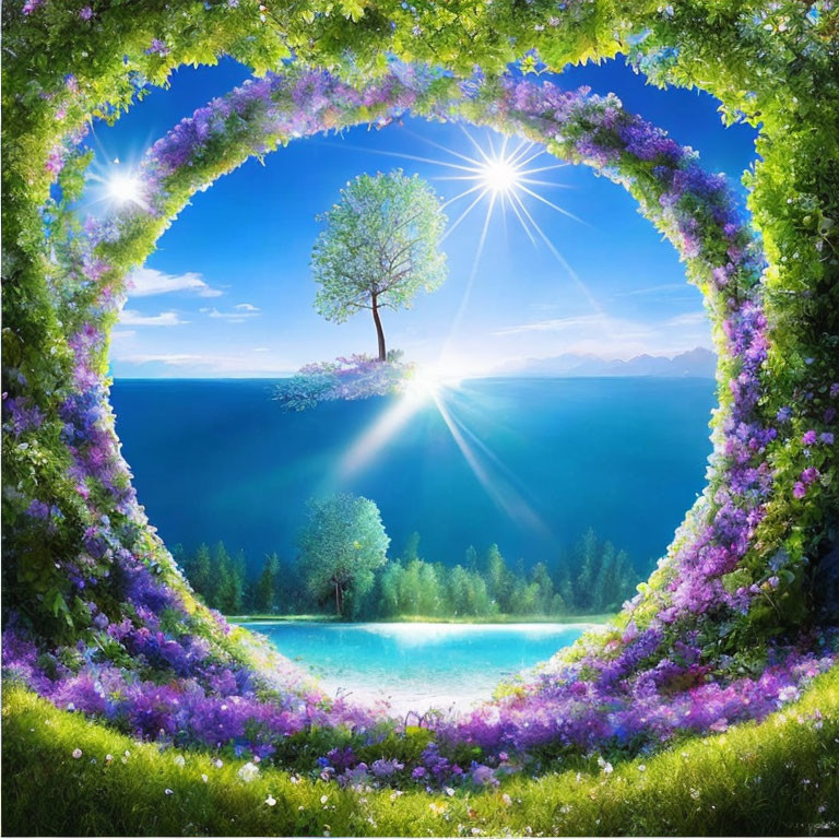 Circular floral arch frames serene landscape with tree, sun rays, mountains, and lake