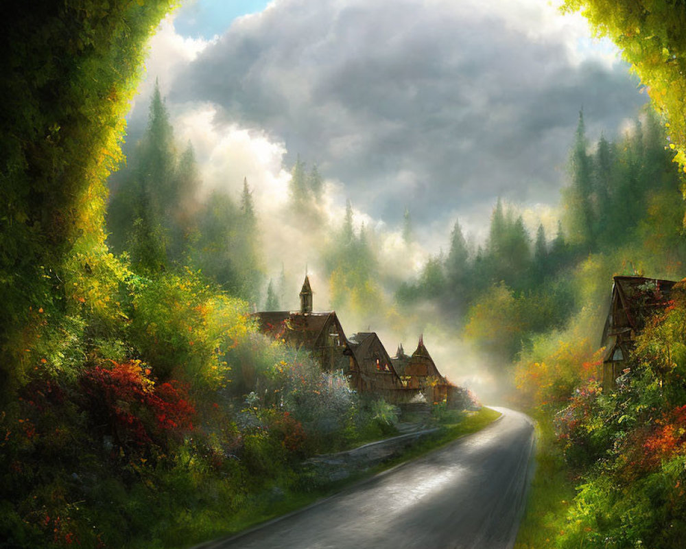 Scenic village with quaint houses and lush greenery