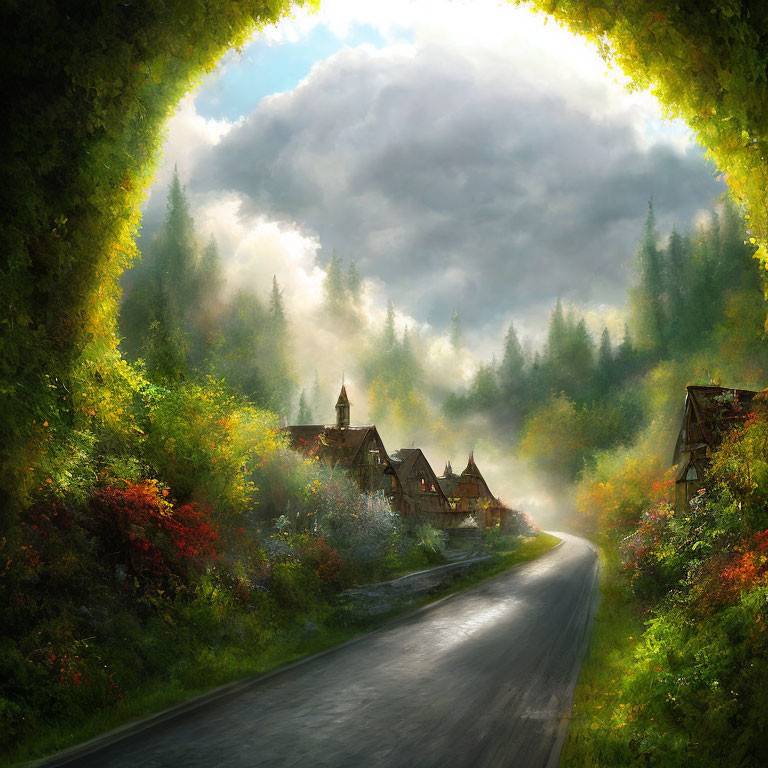 Scenic village with quaint houses and lush greenery