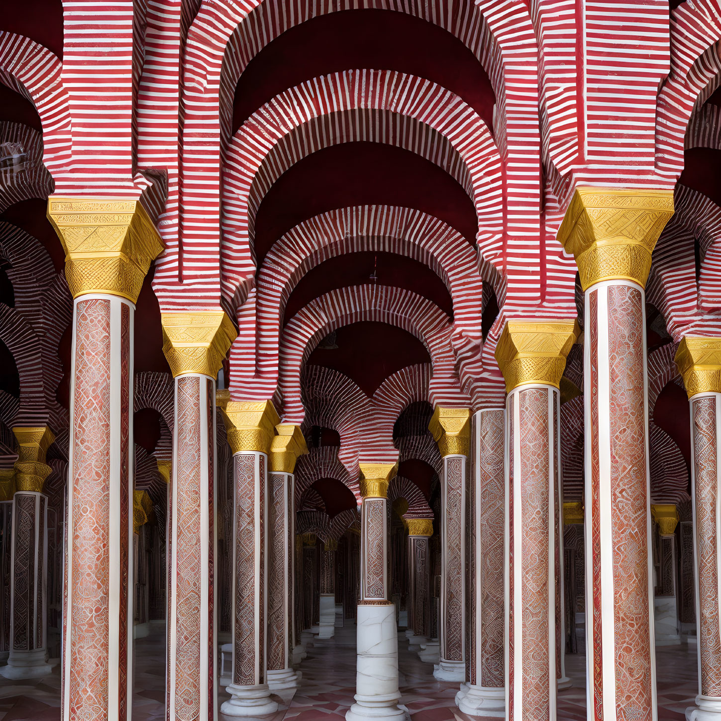 Symmetrical corridor with red and white striped arches and ornate columns