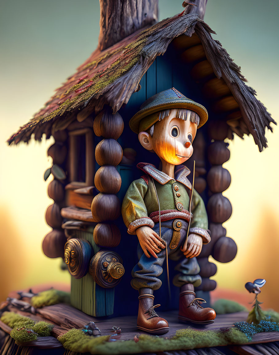 Stylized Pinocchio with long nose by wooden house