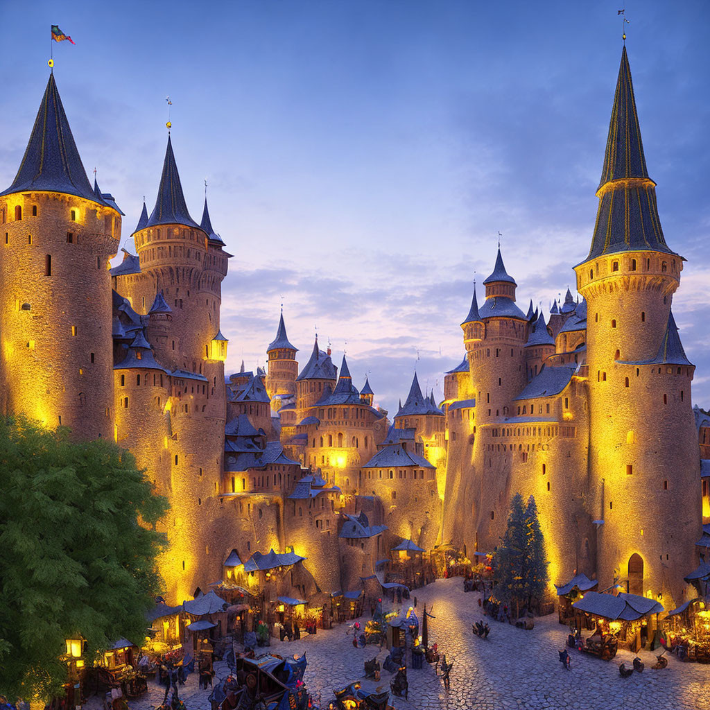 Medieval castle with spires and bustling courtyard at dusk