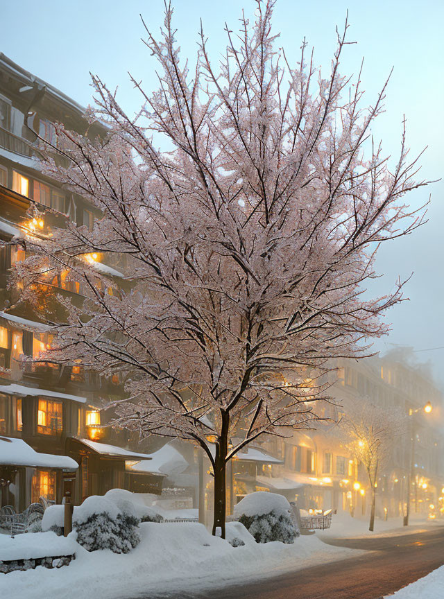 Snowy street scene: Frost-covered tree and illuminated building balconies in warm light.