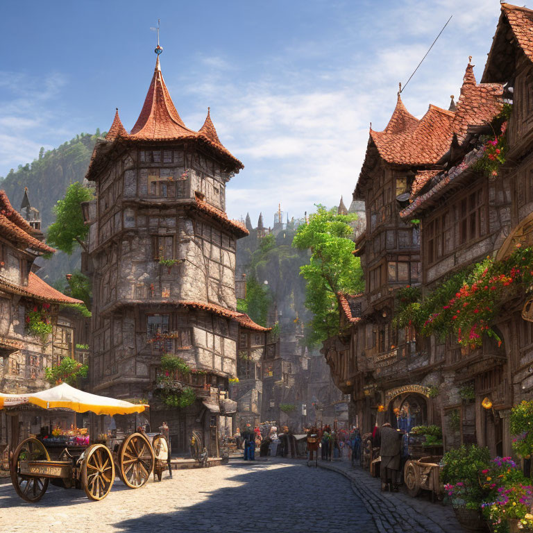 Medieval European village street with timbered buildings and bustling activity.