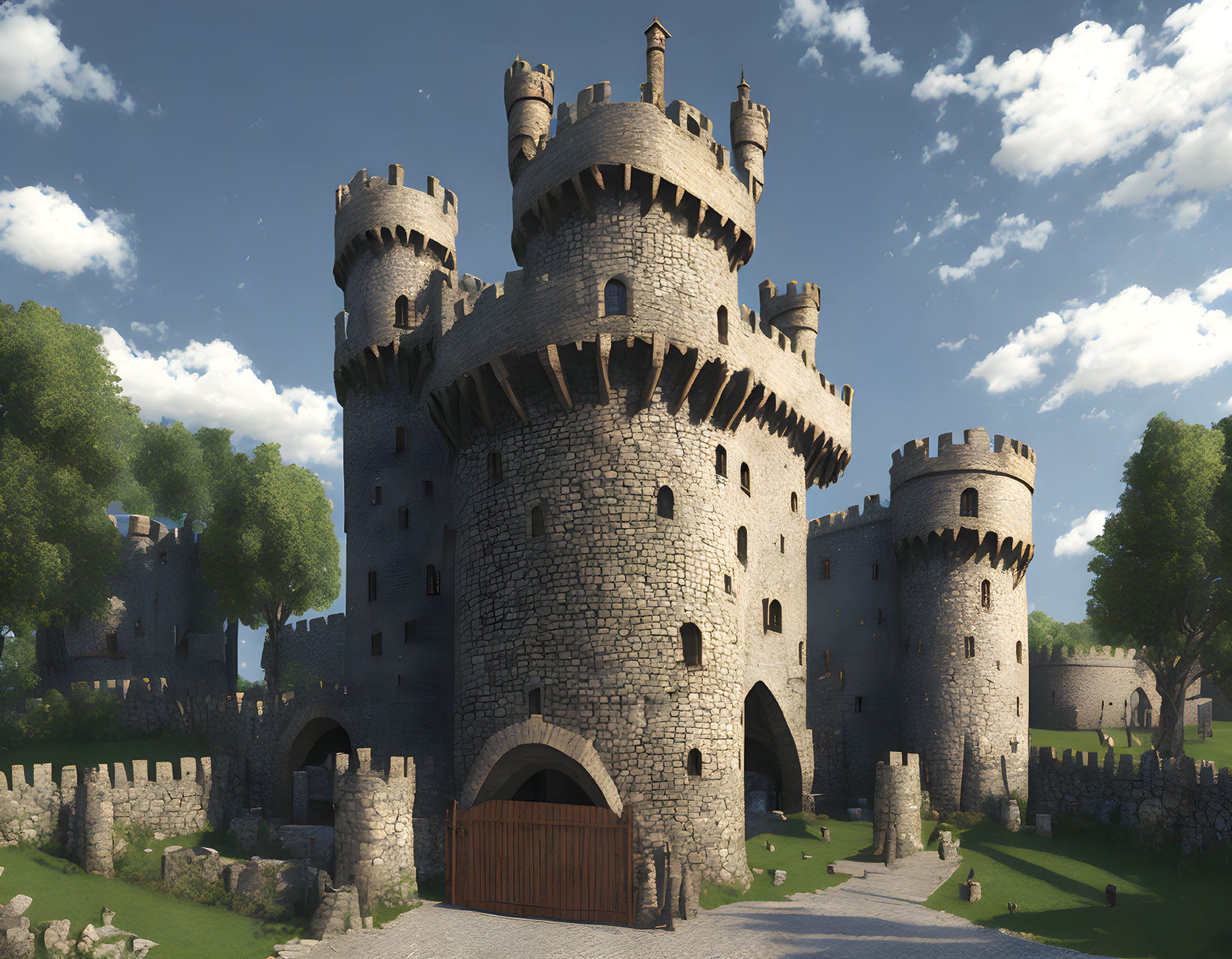 Medieval stone castle with towers, battlements, and wooden gate in green landscape