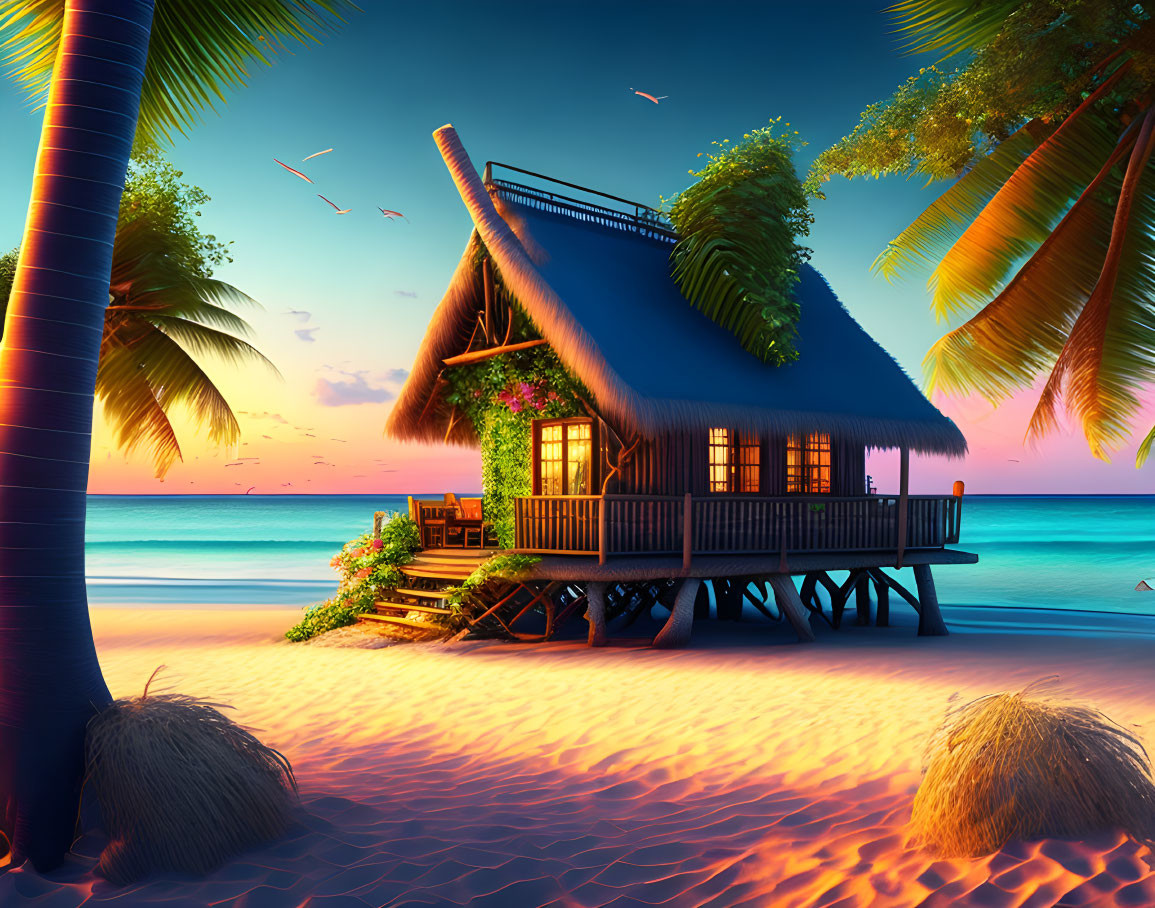 Tranquil beach sunset scene with thatched-roof hut and palm trees