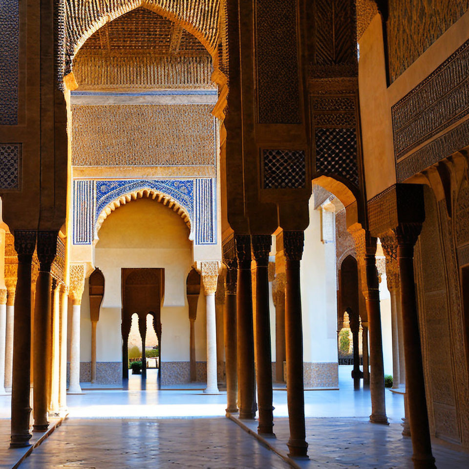 Ornate Moorish Palace Corridor with Arched Doorways and Patterned Tiles