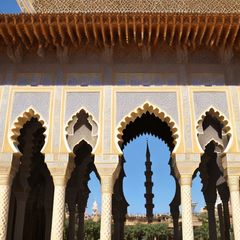 Intricately decorated Moorish arches frame distant minaret under clear blue sky