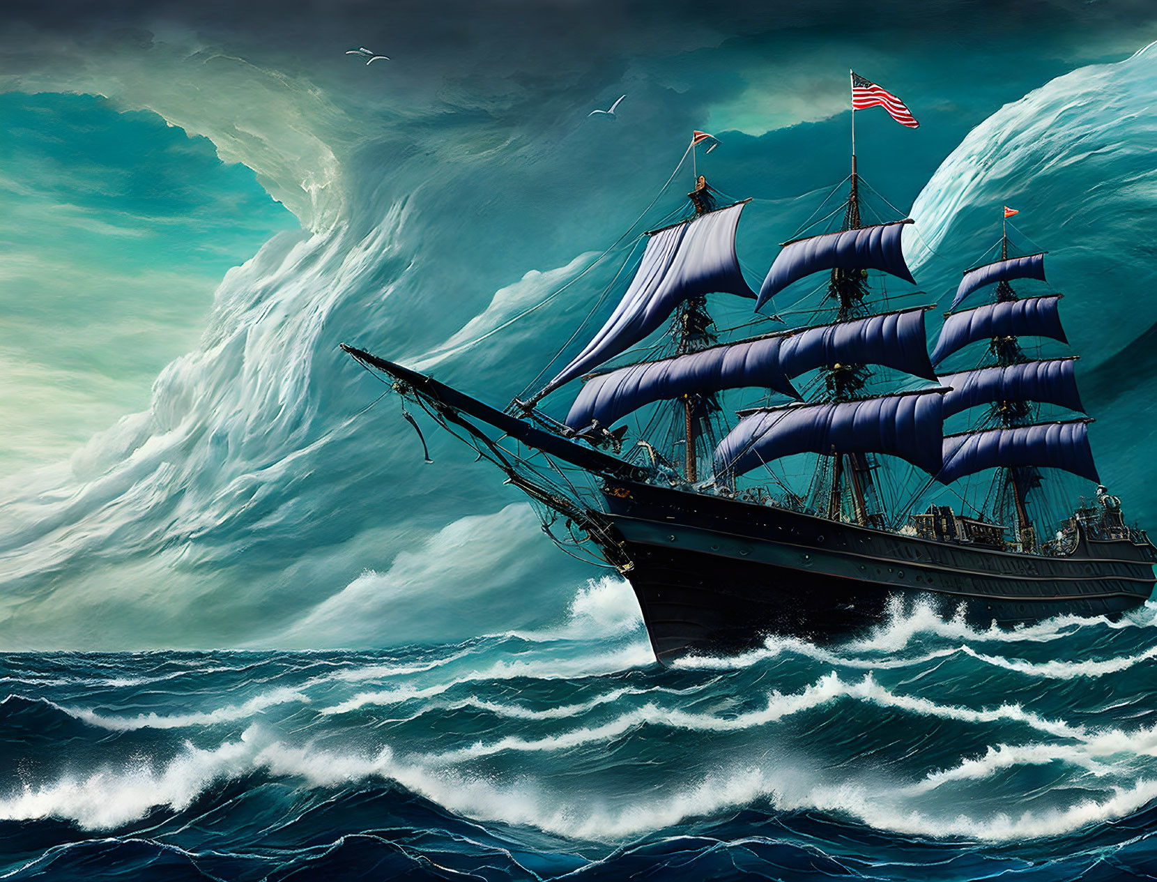 Majestic sailing ship on dark blue waves under stormy sky