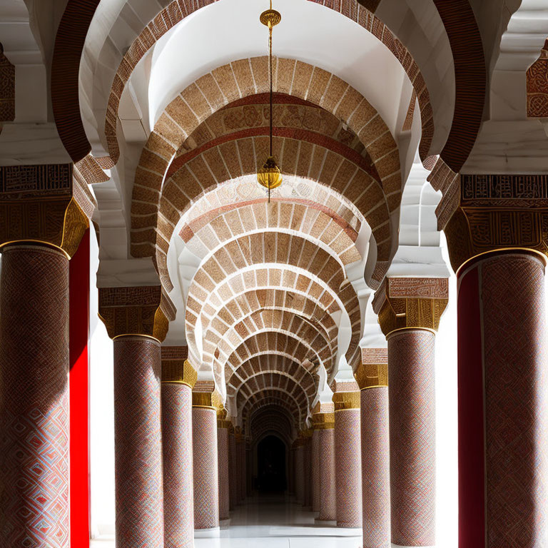 Arched Ceilings and Ornate Pillars in Geometric Patterned Corridor