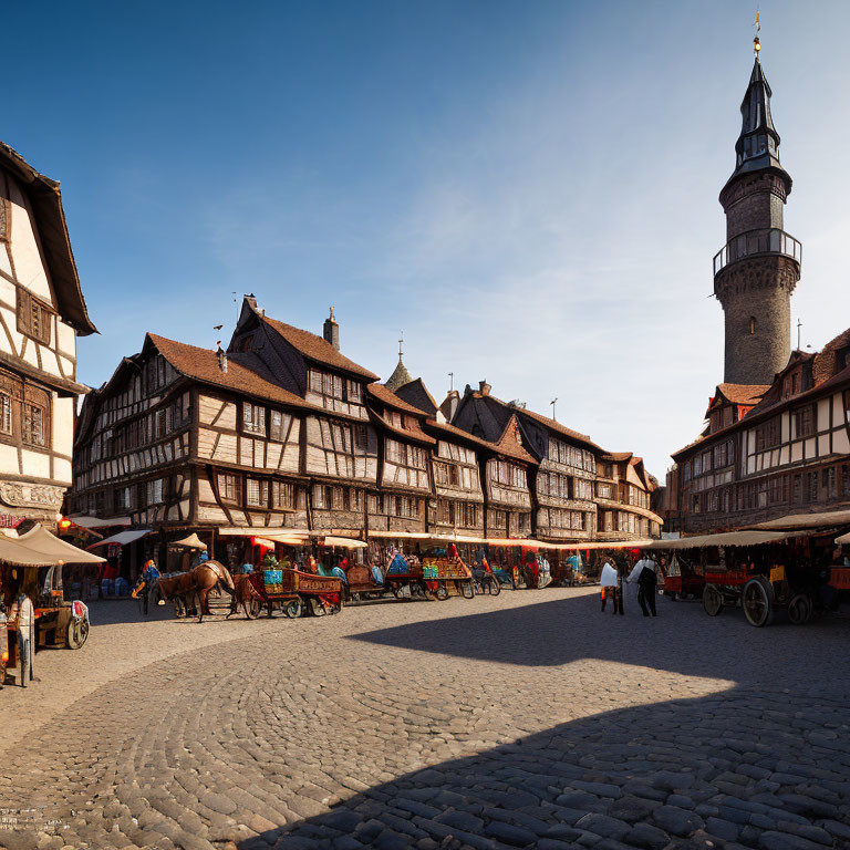 European Town Square with Cobblestone Streets, Clock Tower, and Horse-Drawn Carts