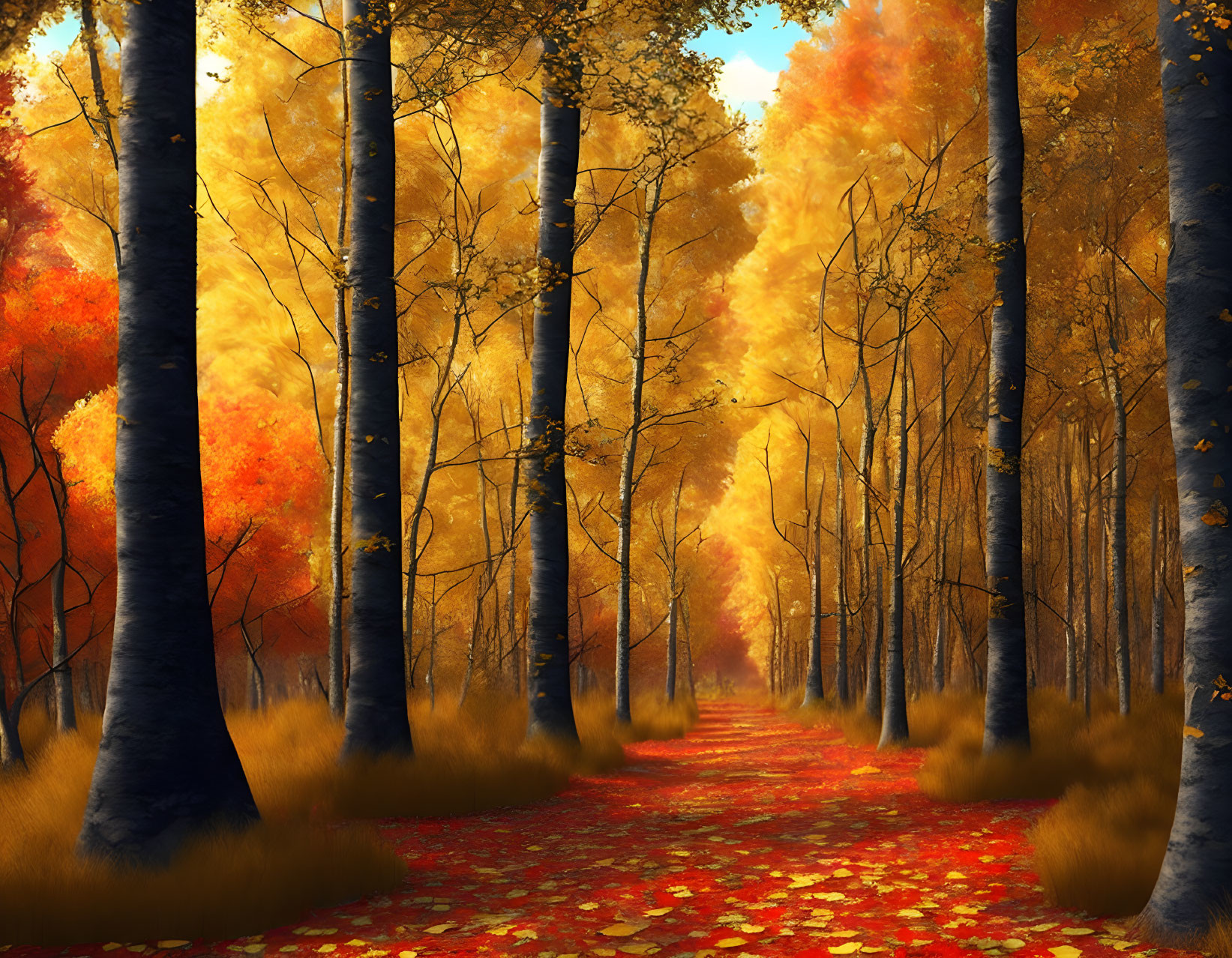 Colorful Autumn Forest with Tall Trees and Fallen Leaves