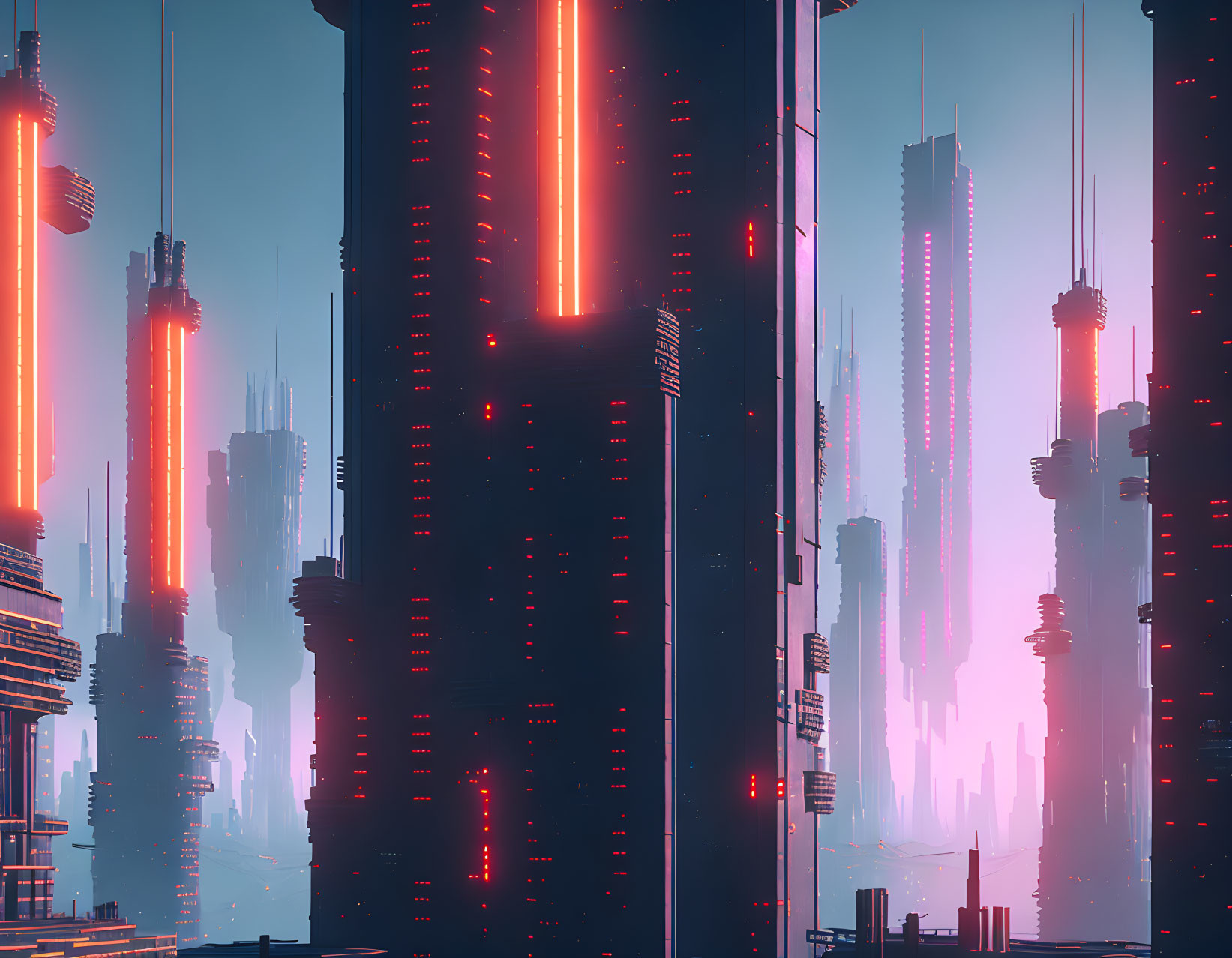 Futuristic cityscape with towering skyscrapers and red lights under pink and blue sky