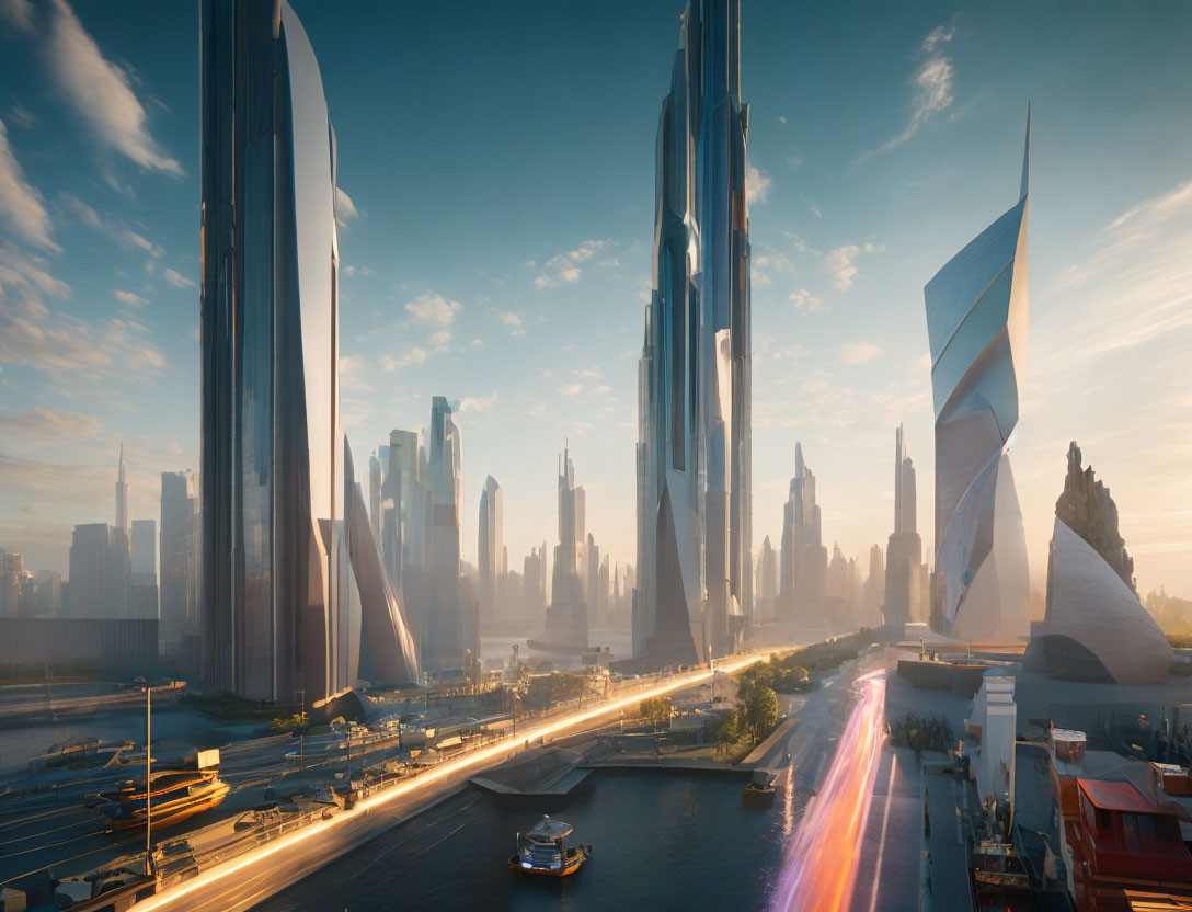 Futuristic cityscape at sunrise with skyscrapers, river, and light trails