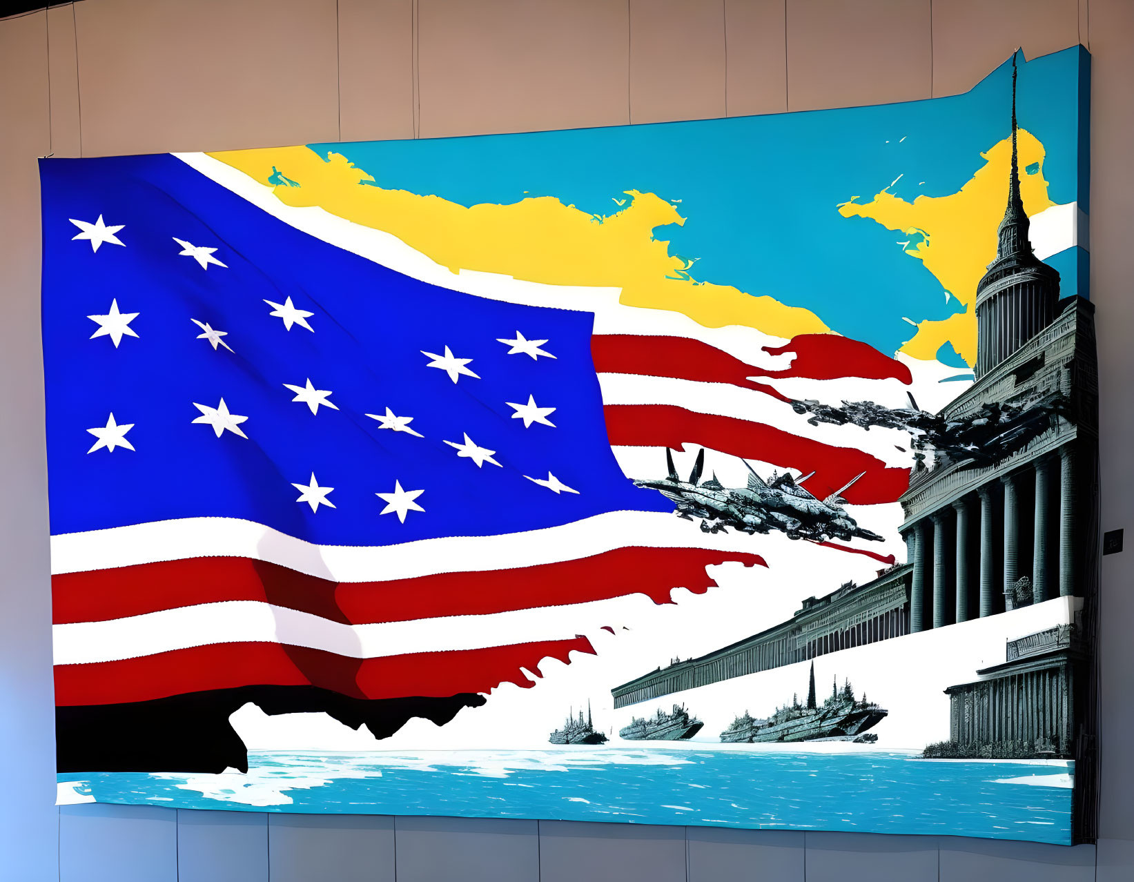 American Flag Mural Featuring Military Jets, Naval Ships, and Historic Building