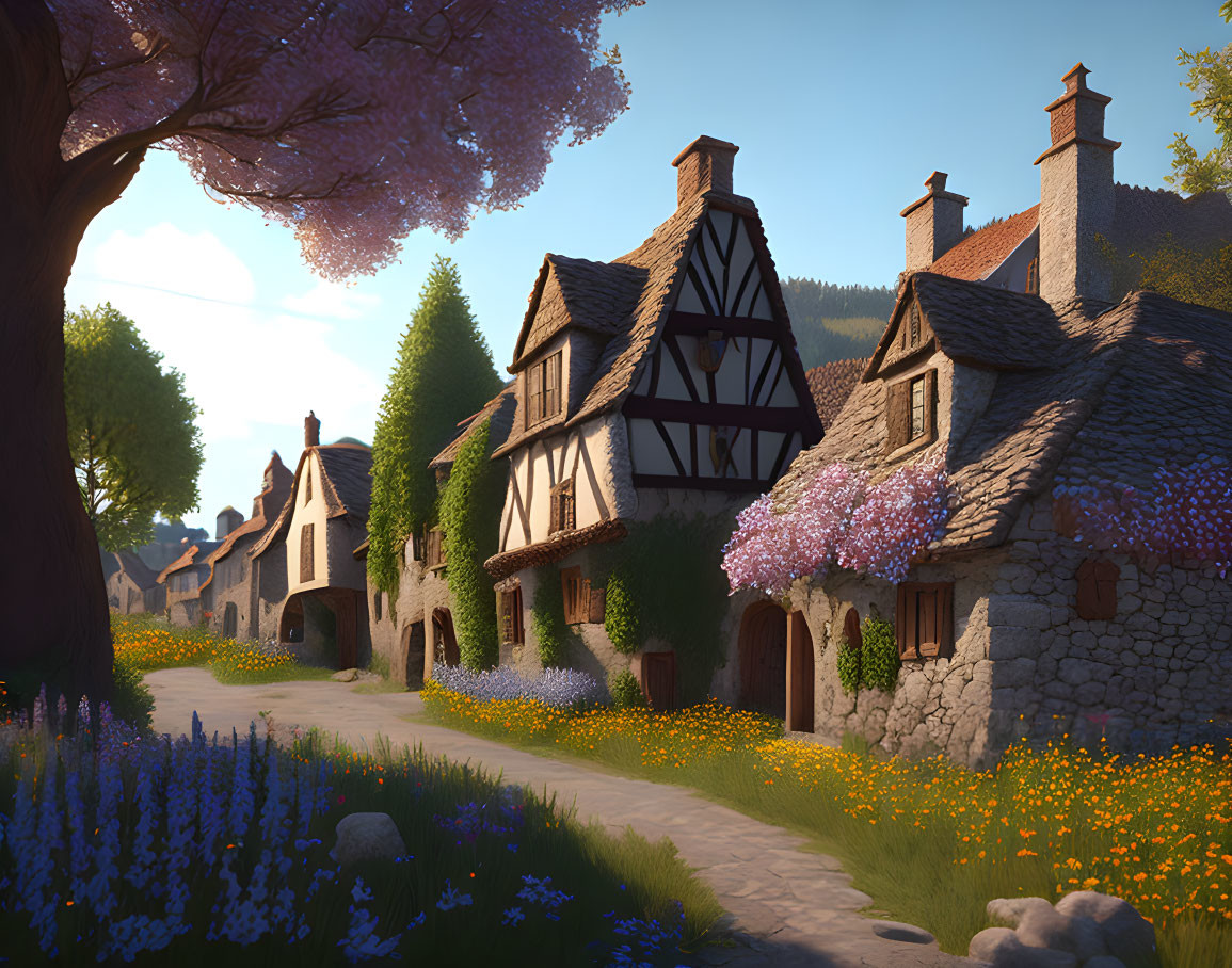 Traditional Tudor houses in a quaint village setting with cobblestone paths and blossoming trees.