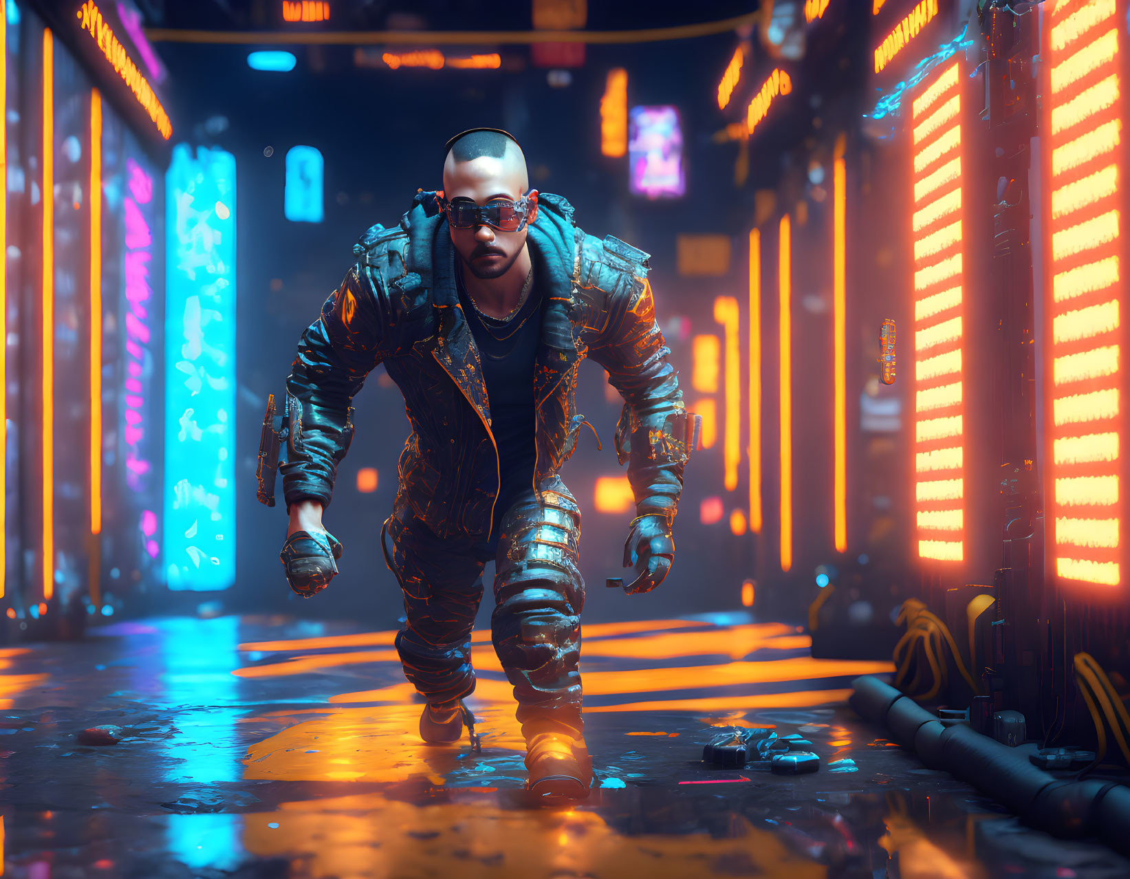 Futuristic armored man crouching on neon-lit cyberpunk street