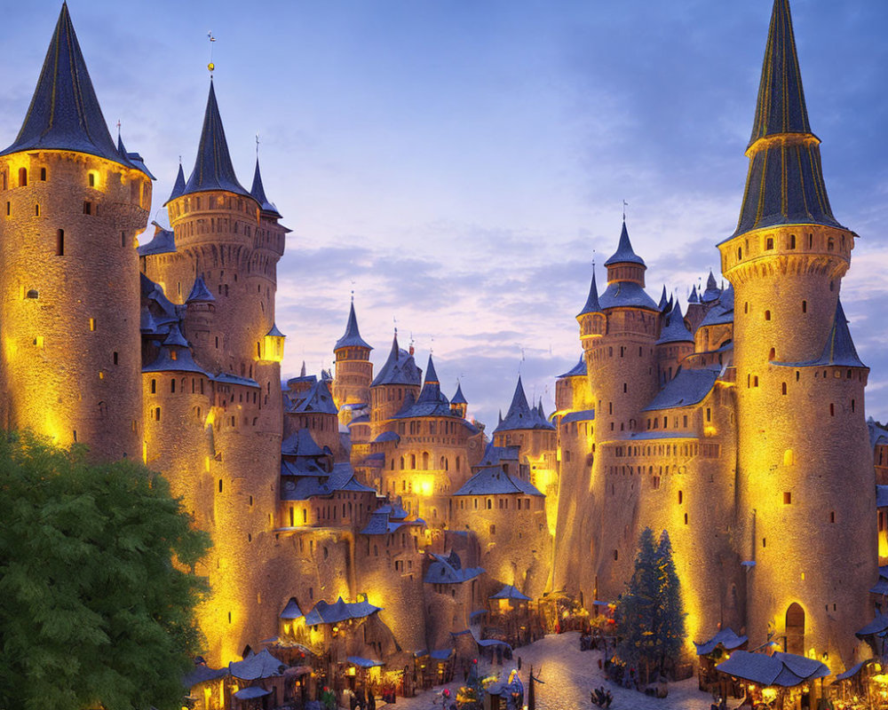 Medieval castle with spires and bustling courtyard at dusk