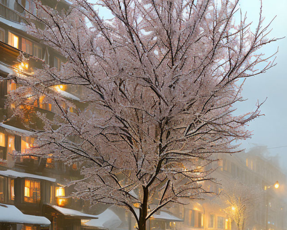 Snowy street scene: Frost-covered tree and illuminated building balconies in warm light.