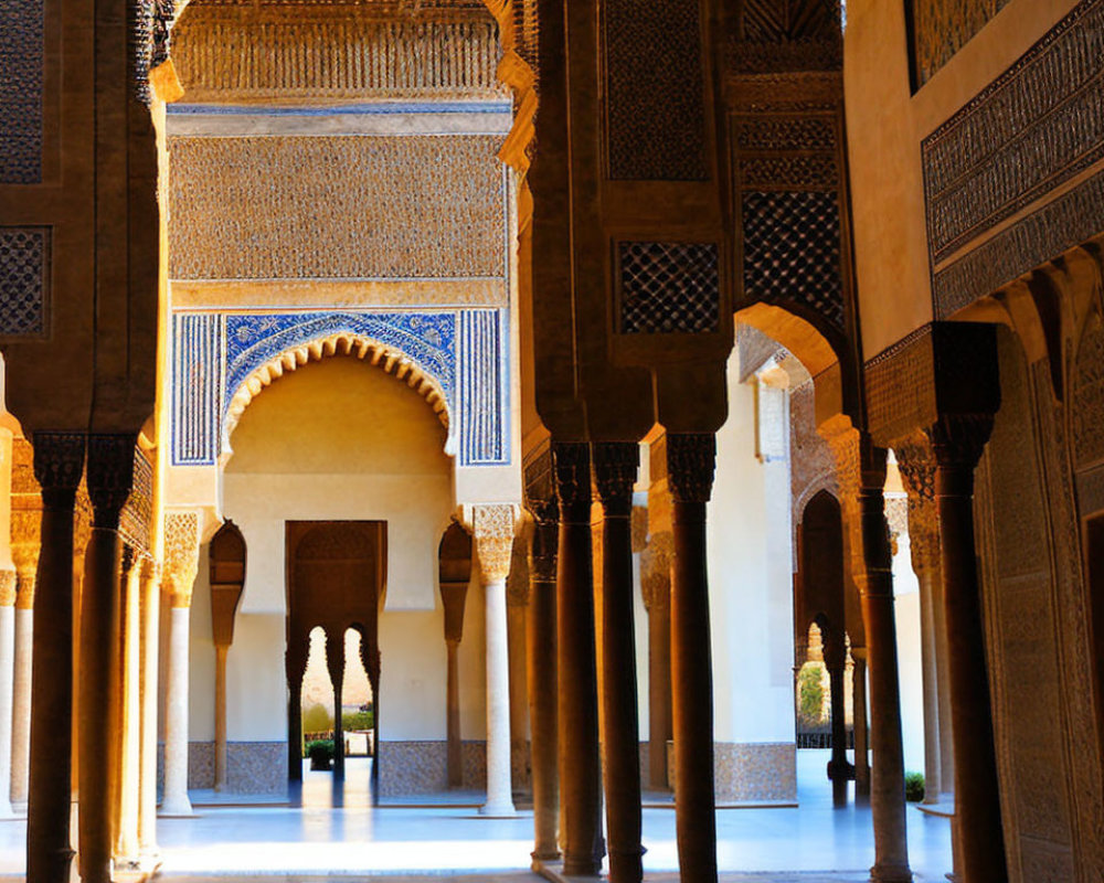 Ornate Moorish Palace Corridor with Arched Doorways and Patterned Tiles