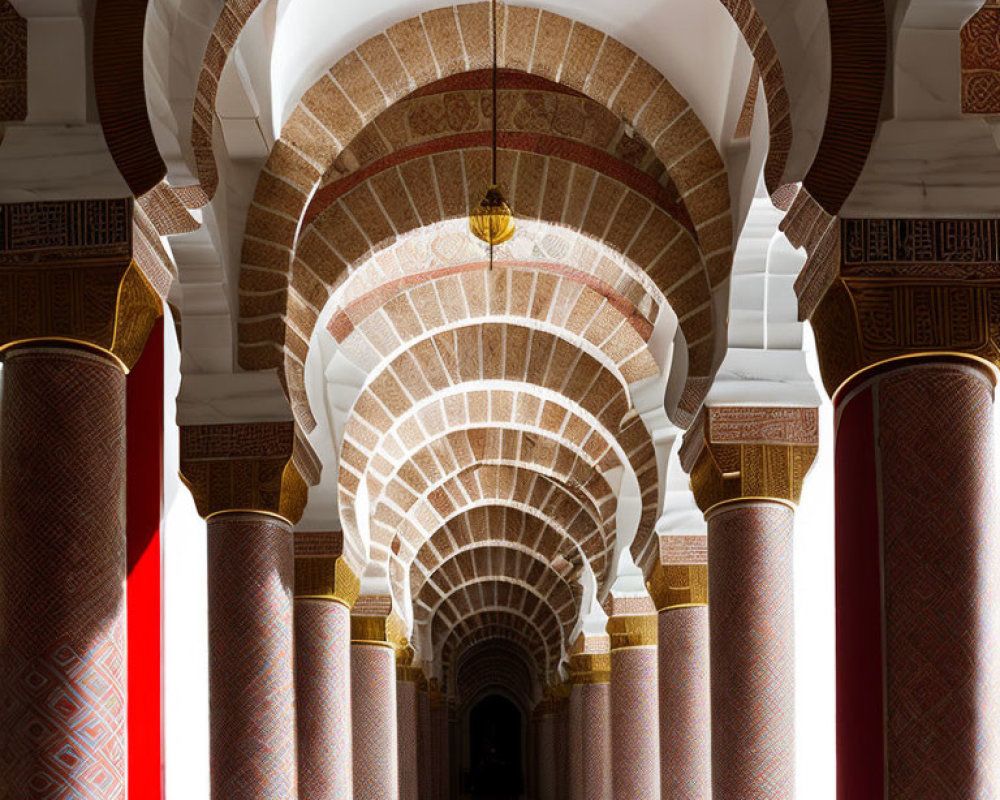 Arched Ceilings and Ornate Pillars in Geometric Patterned Corridor