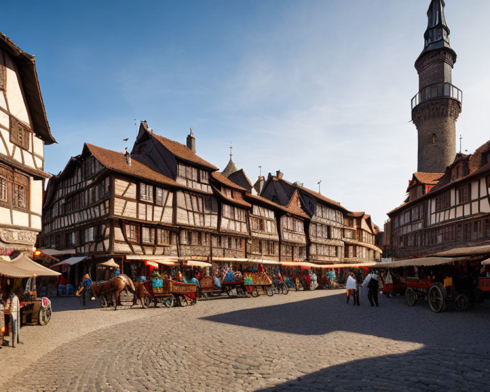 European Town Square with Cobblestone Streets, Clock Tower, and Horse-Drawn Carts