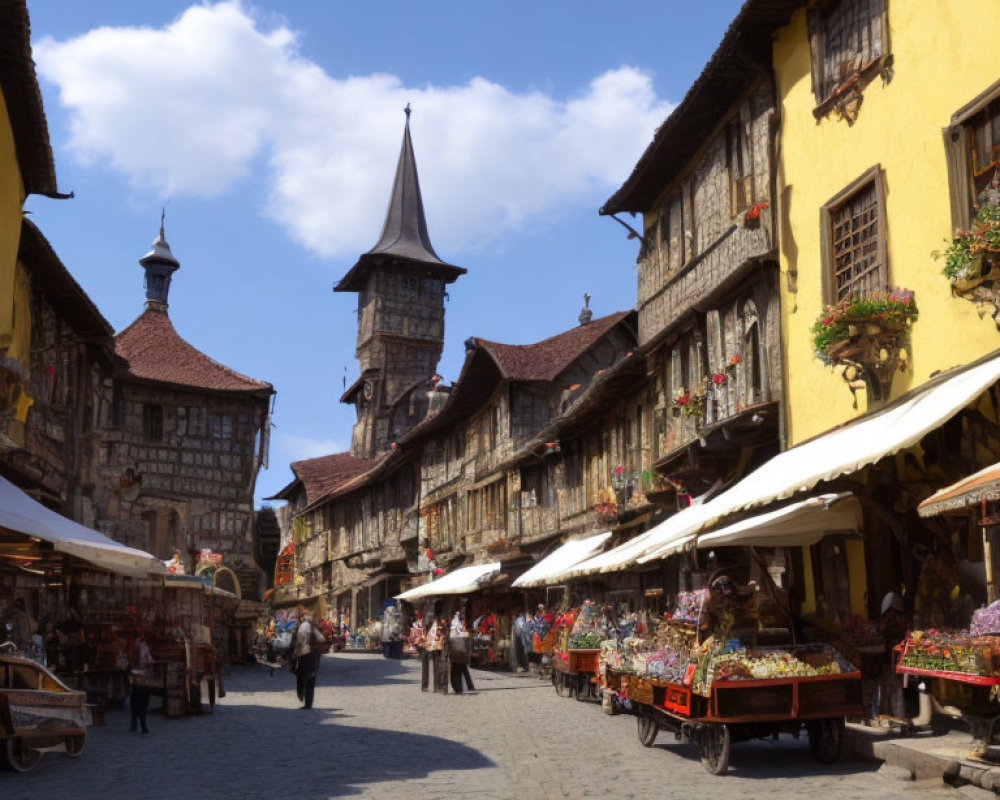 European cobblestone street with half-timbered buildings, flower stalls, and clock tower.