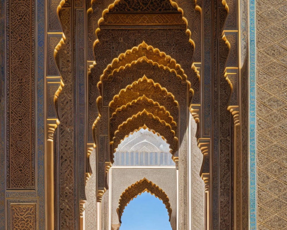 Intricate Islamic architecture: Arched doorways, carvings, geometric patterns