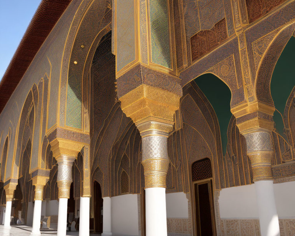 Intricate Golden Patterns on Ornate Archways in Sunlit Islamic Corridor