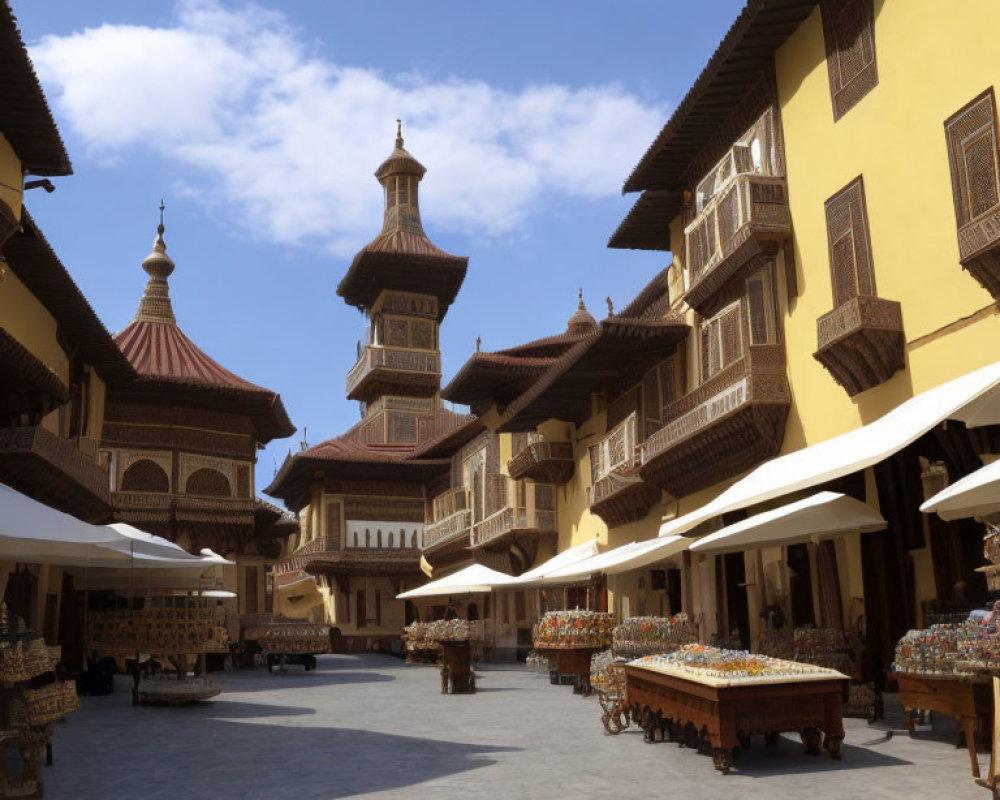 Traditional wooden balcony and tiled roof buildings in a marketplace under clear blue sky