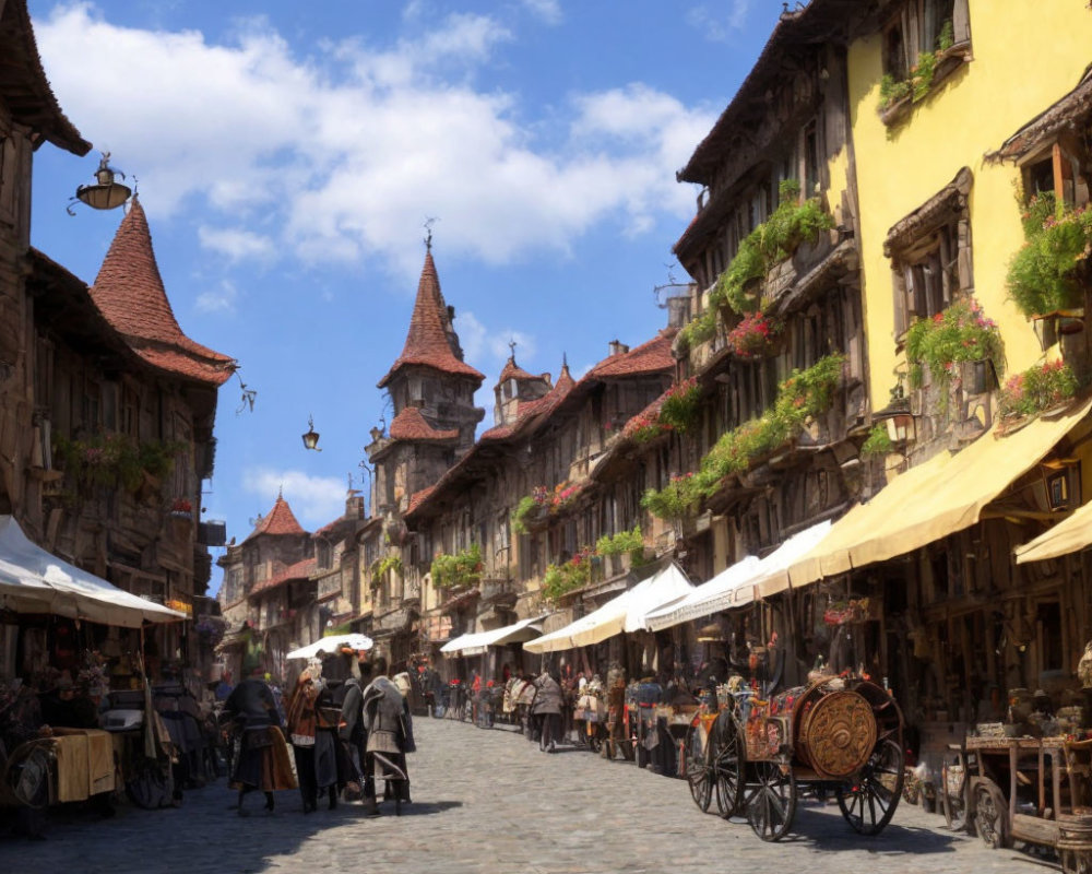 Busy cobblestone street with market stalls and pedestrians under clear blue sky