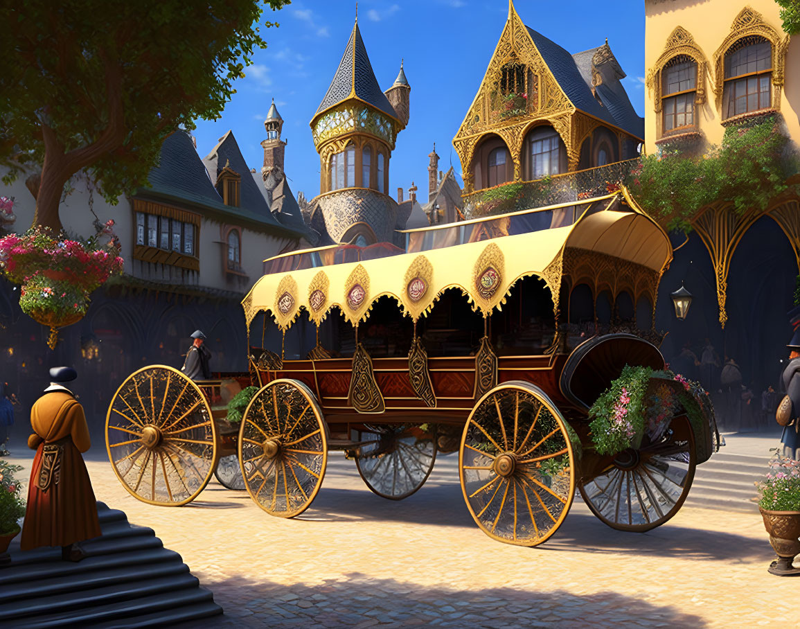 Elegant horse-drawn carriage in medieval courtyard with flowers