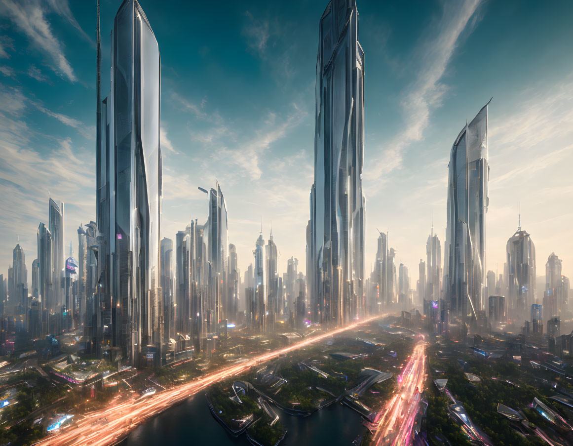 Futuristic cityscape with towering skyscrapers and glowing horizon