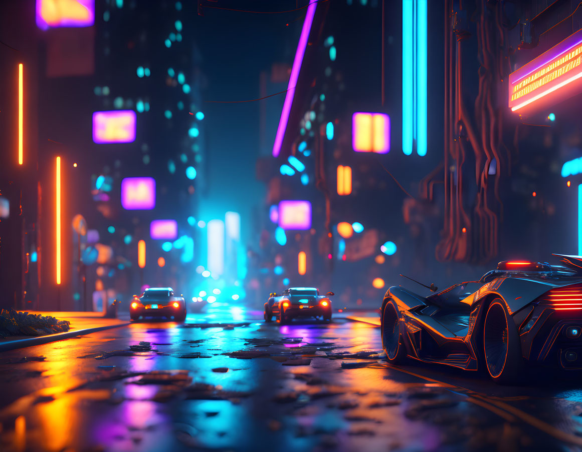 Futuristic city street at night with neon signs and advanced cars