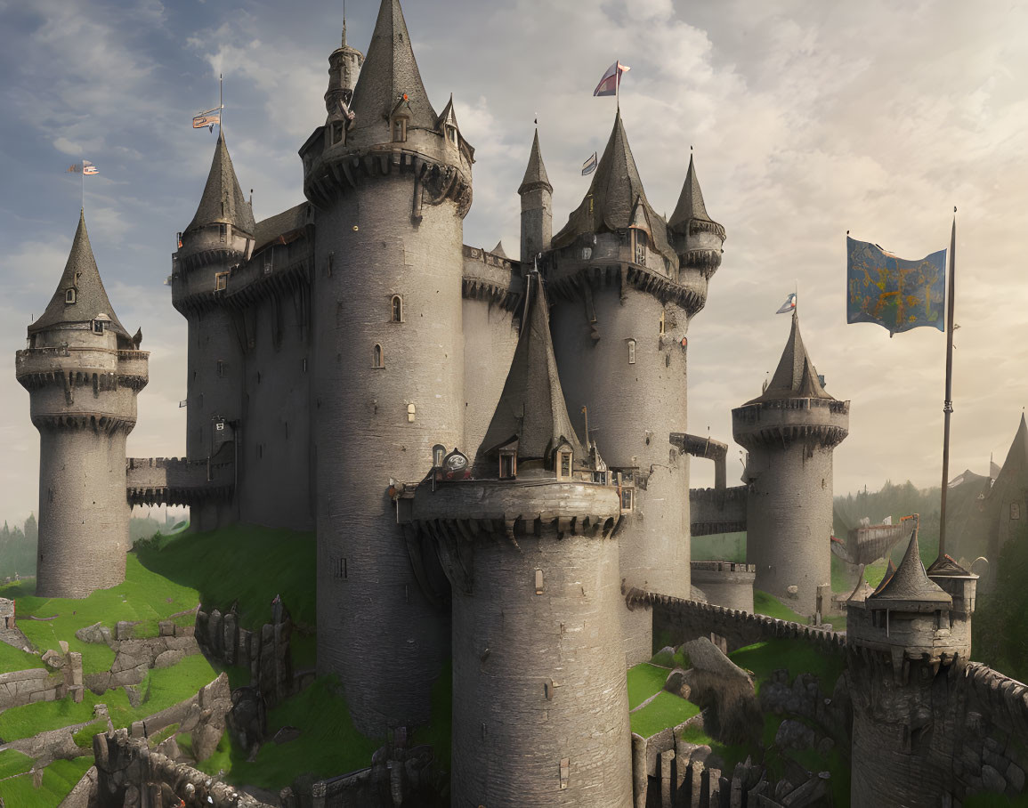 Medieval castle with stone towers, banners, and lush surroundings