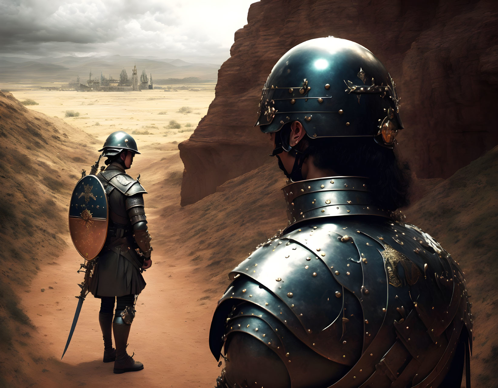 Armored knights in desert landscape gazing at distant city under cloudy sky