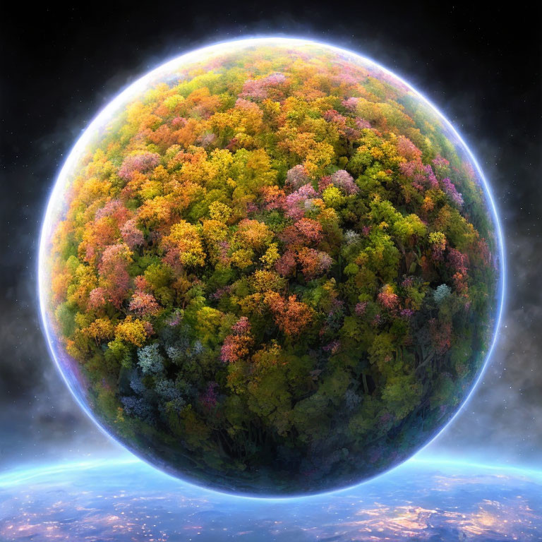 Multicolored Autumnal Forests on Spherical Planet in Space