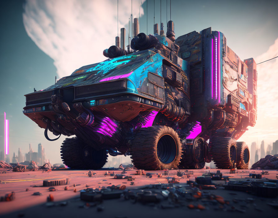 Futuristic oversized vehicle with neon accents in desolate cityscape under pink sky