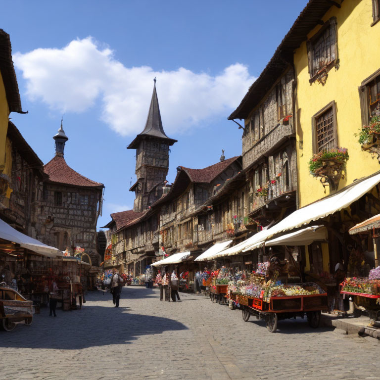 European cobblestone street with half-timbered buildings, flower stalls, and clock tower.