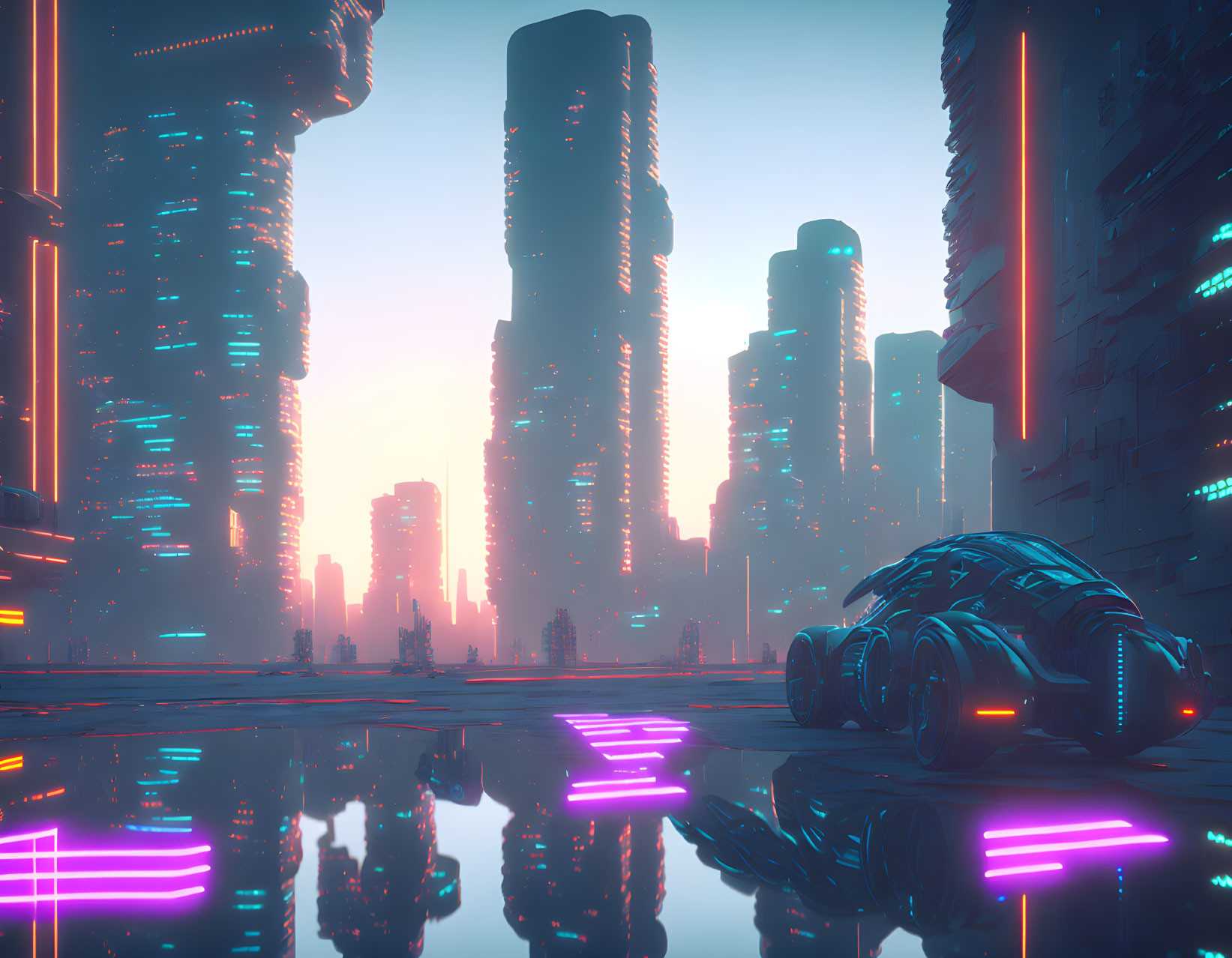 Futuristic cityscape with neon lights and sleek car at dusk