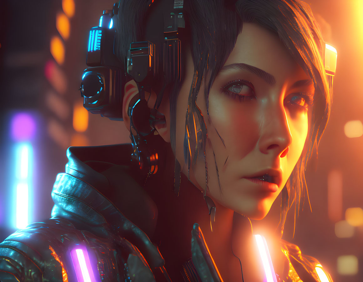 Female portrait with cybernetic enhancements in futuristic setting