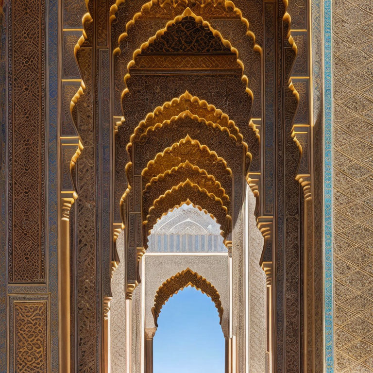 Intricate Islamic architecture: Arched doorways, carvings, geometric patterns