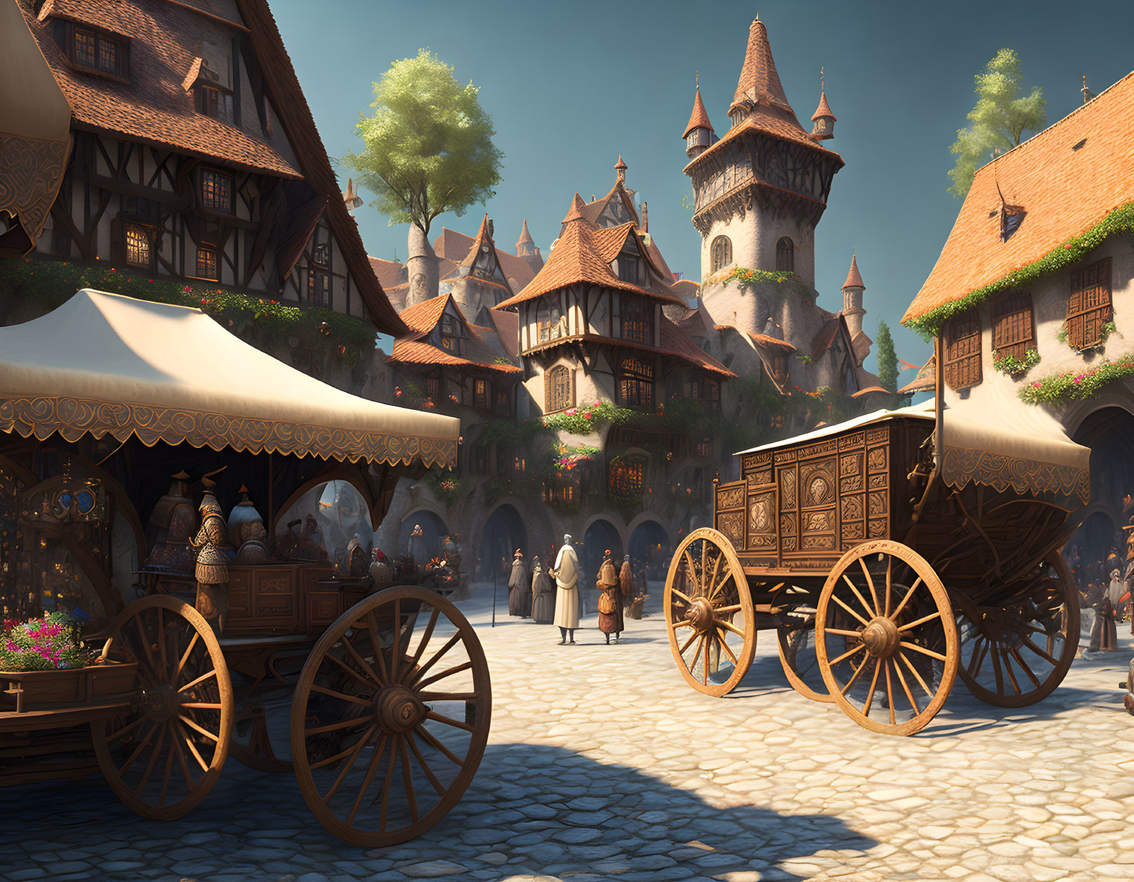 Medieval marketplace scene with wooden stalls, cart, cobblestone street, and period attire.