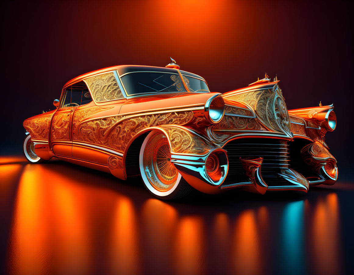 Digitally rendered ornate classic car with exaggerated features and glowing orange accents on dark background