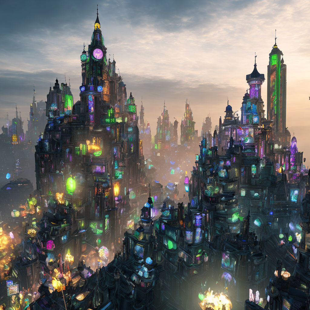 Futuristic cityscape at dusk with illuminated high-rise buildings